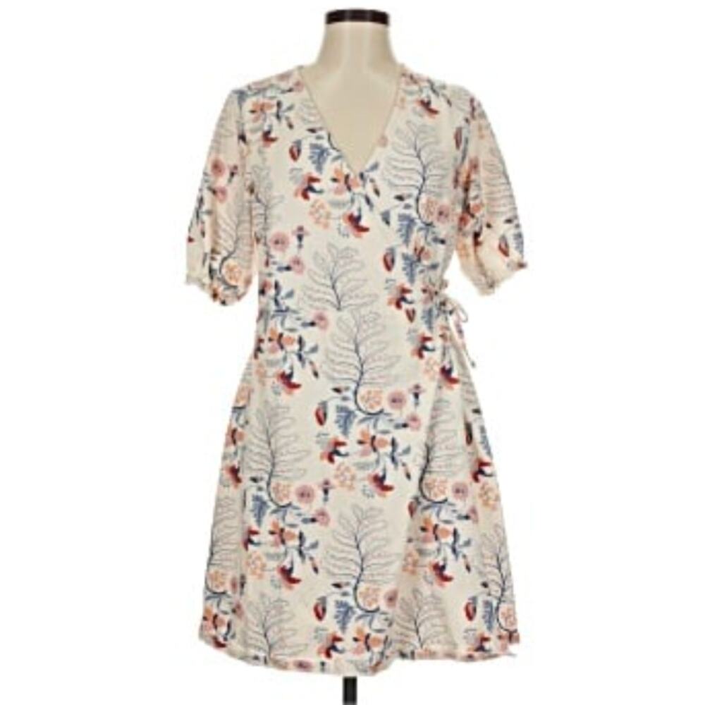 Pretty cream wrap style dress w/brown & blue botanical print br Spirulina size S
